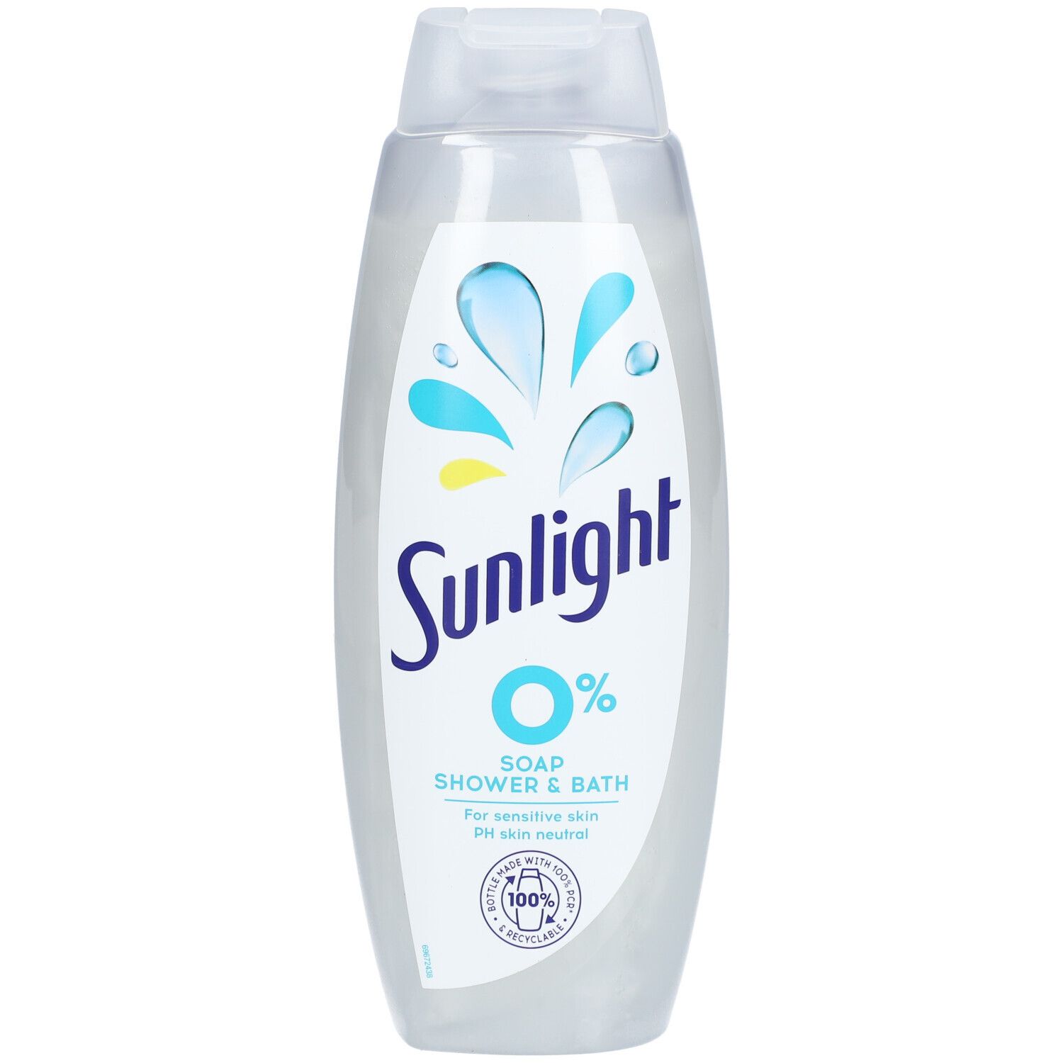 Flacon transparent Sunlight 0% Soap Shower & Bath. Logo bleu, texte blanc. Pour peaux sensibles.