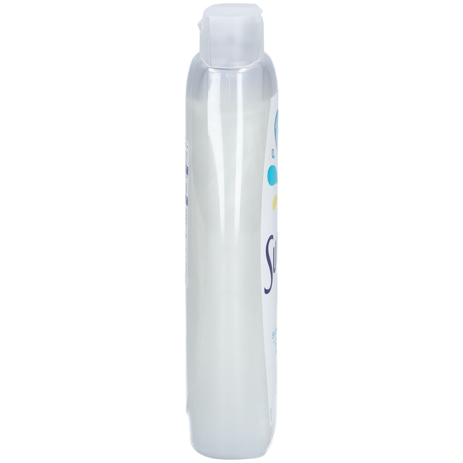 Vue latérale du flacon Sunlight 0% Soap Shower & Bath. Flacon transparent, contenu blanc.