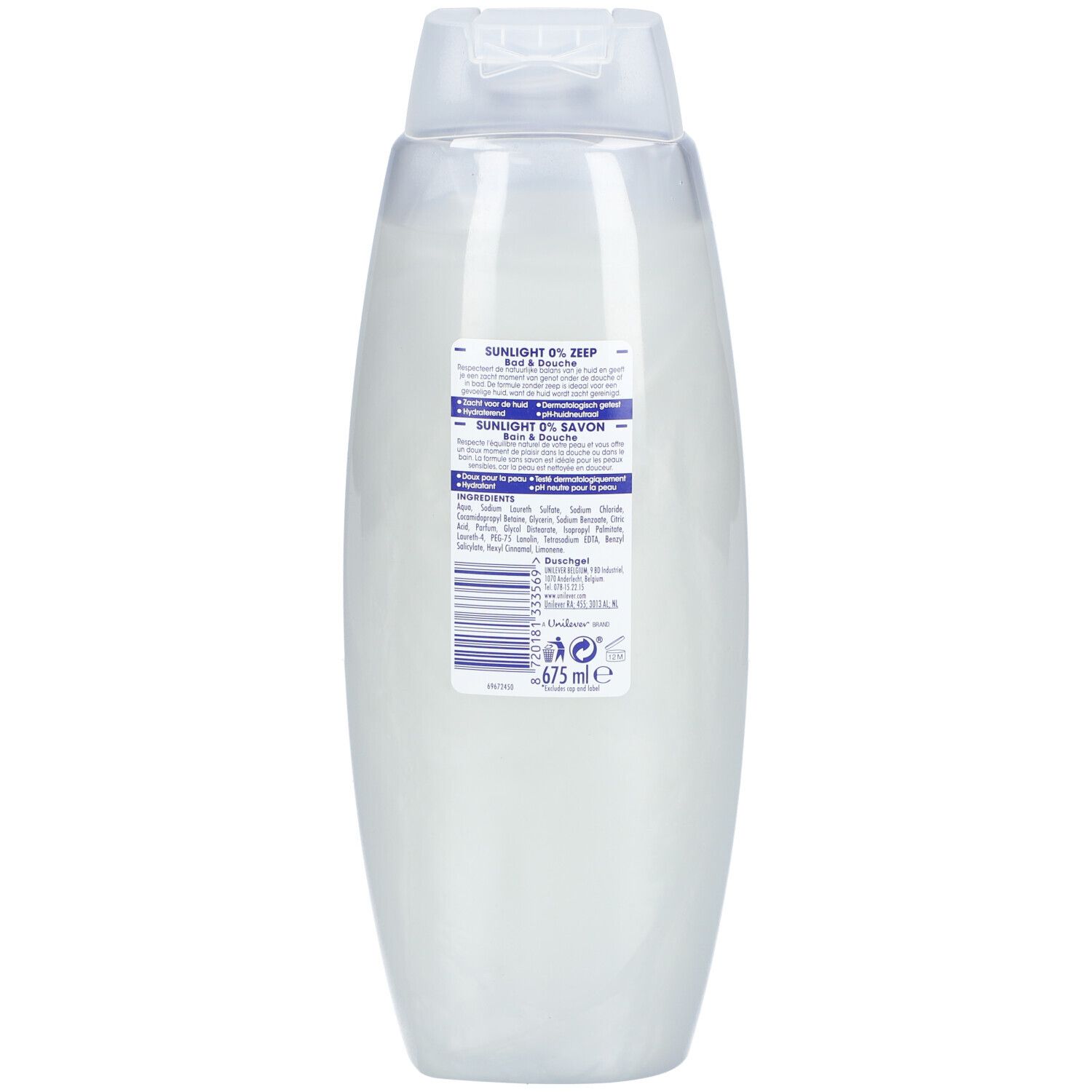 Dos du flacon Sunlight 0% Soap Shower & Bath. Informations textuelles et code-barres.