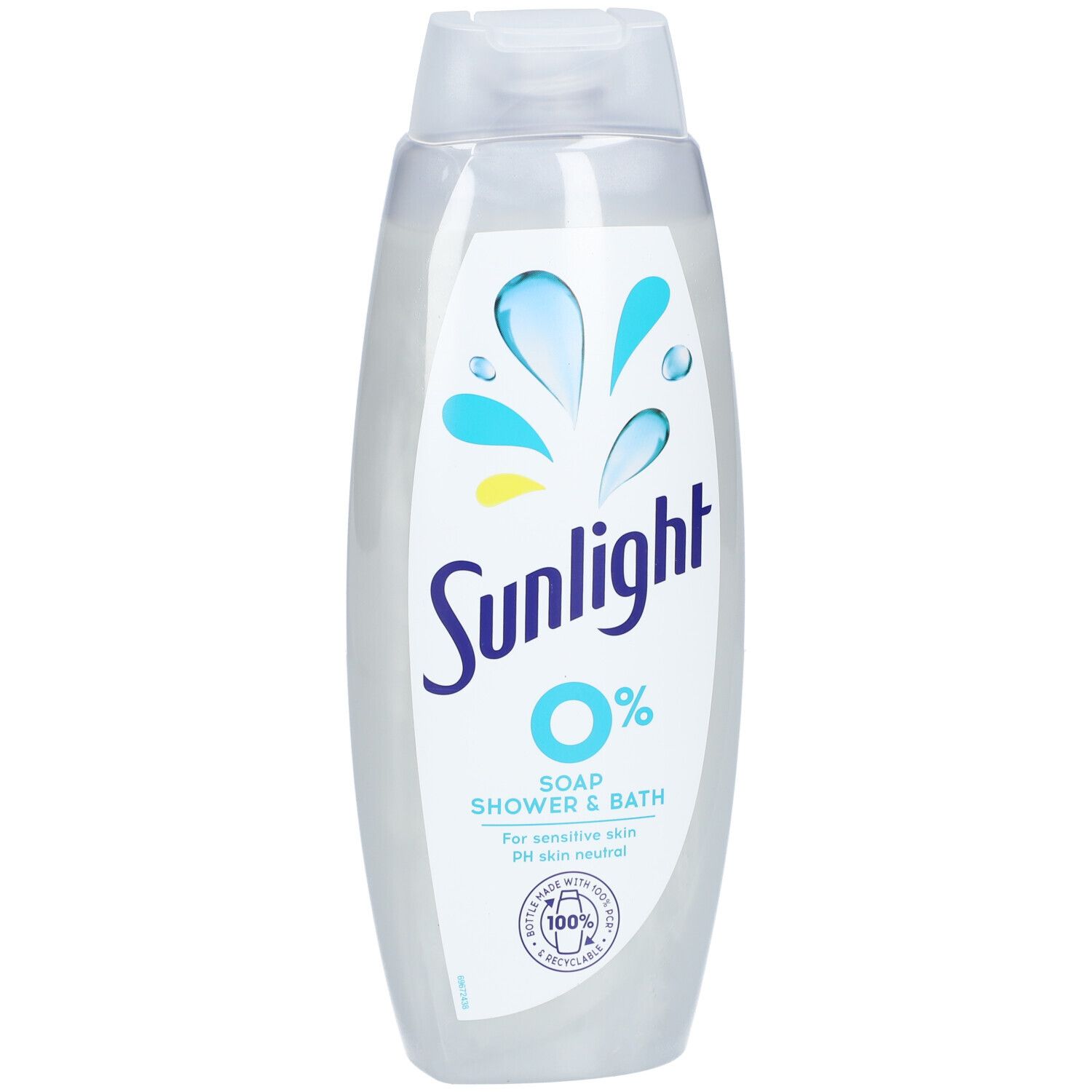 Flacon Sunlight 0% Soap Shower & Bath. Logo bleu, texte blanc. Pour peaux sensibles.