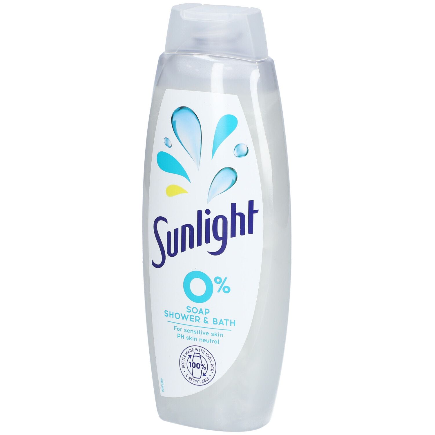 Flacon Sunlight 0% Soap Shower & Bath. Logo bleu, texte blanc. Pour peaux sensibles.