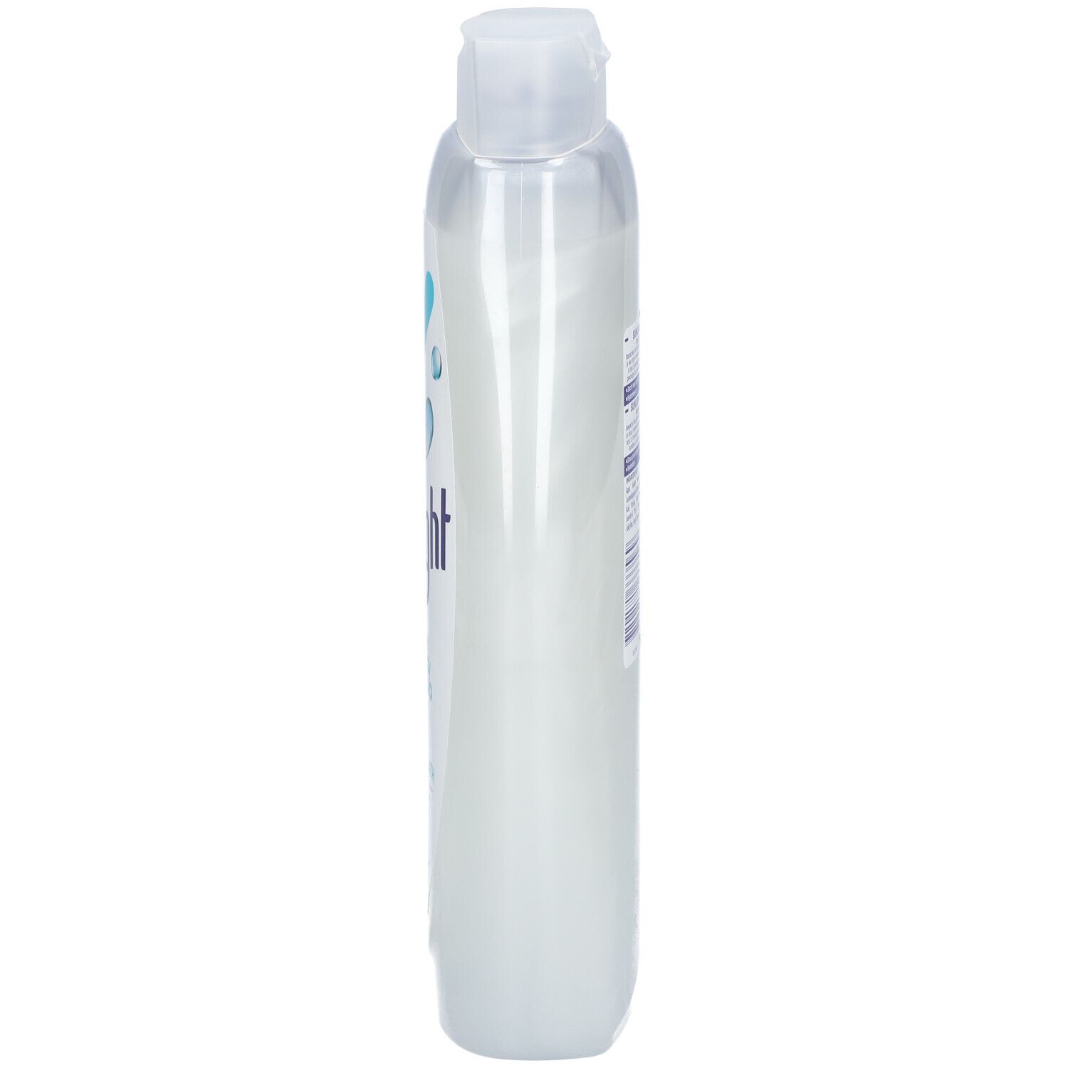 Vue latérale du flacon Sunlight 0% Soap Shower & Bath. Flacon transparent, contenu blanc.