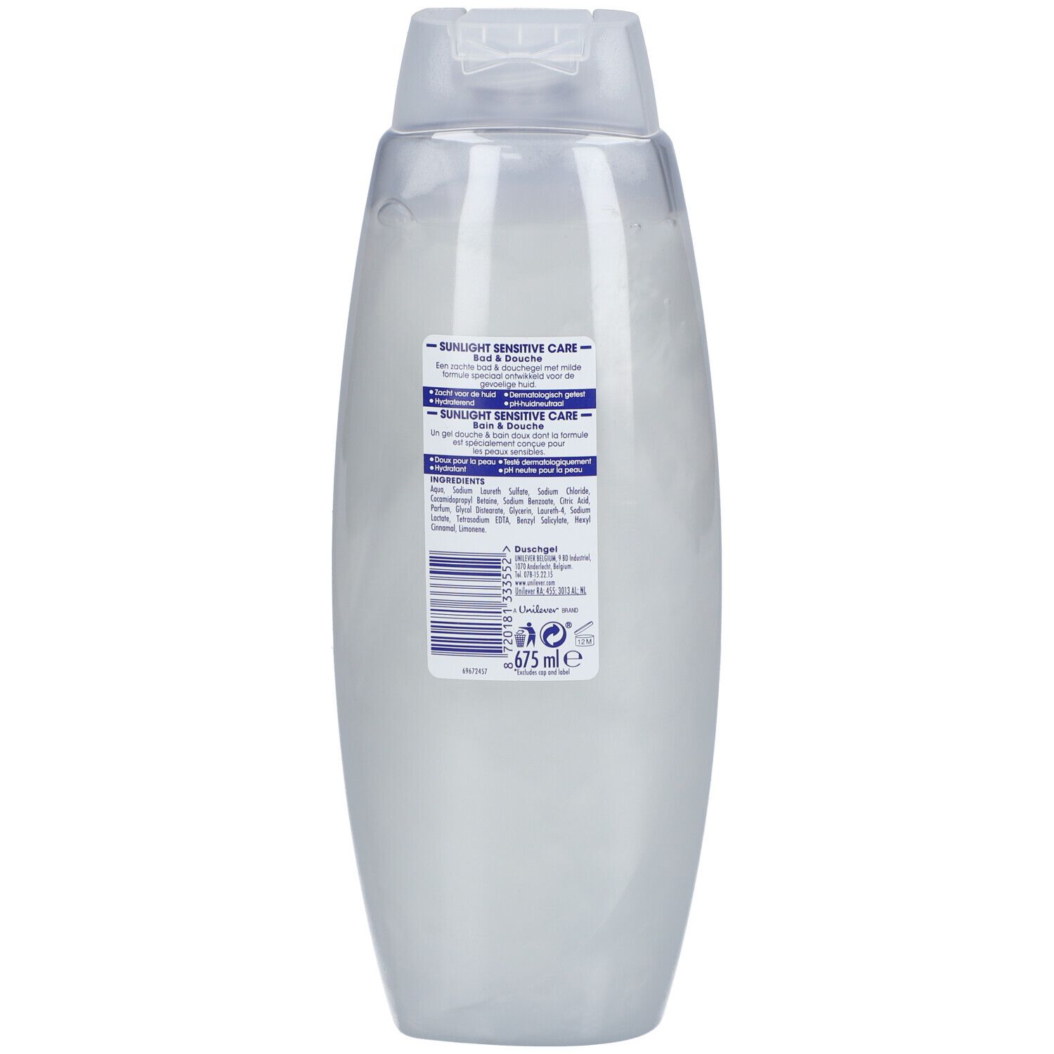 Dos du flacon Sunlight Sensitive Care. Texte: Sunlight Sensitive Care, Bain & Douche. Ingrédients et informations fabricant.
