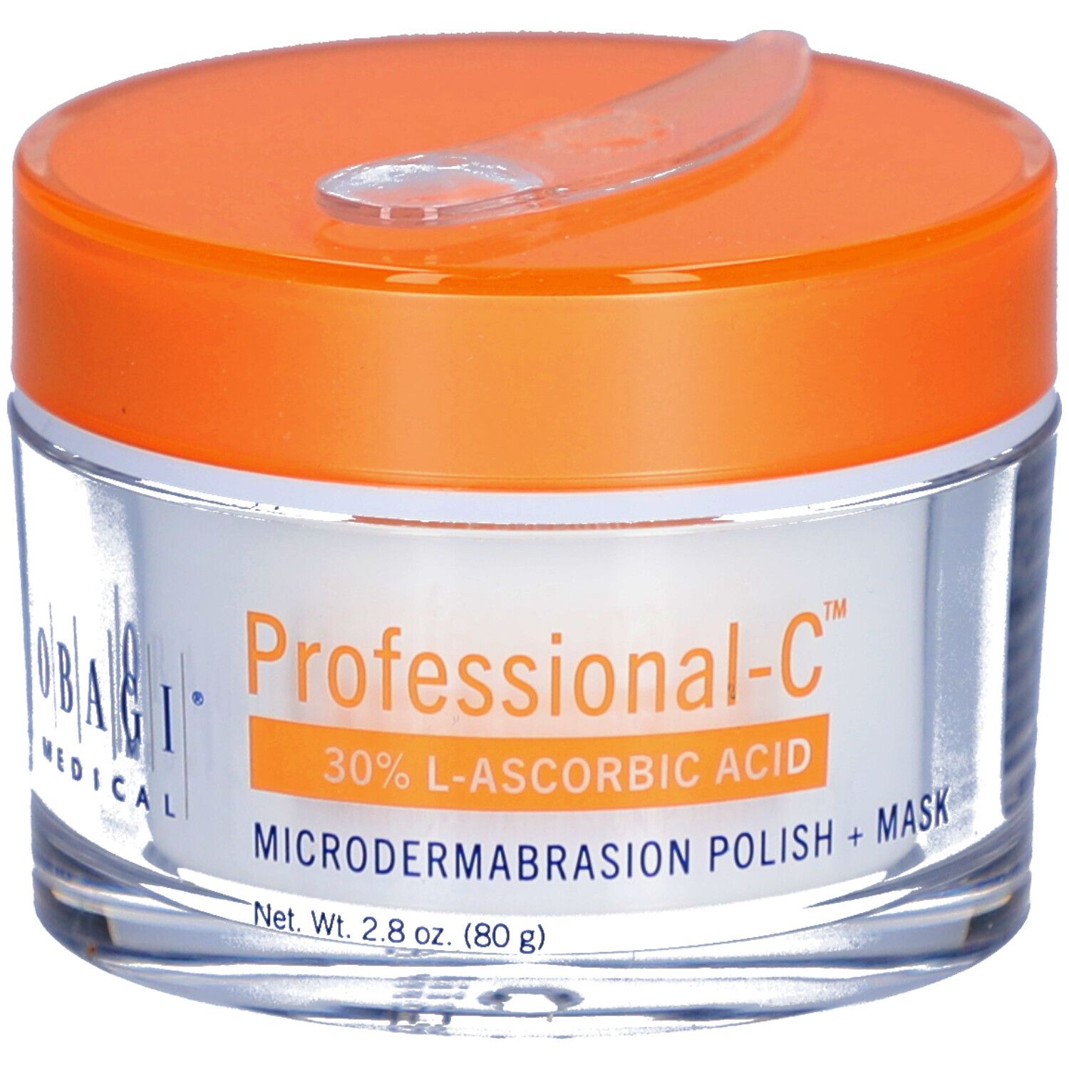Pot en verre avec couvercle orange et spatule. Inscription : Professional-C, 30% L-Ascorbic Acid, Microdermabrasion Polish + Mask.