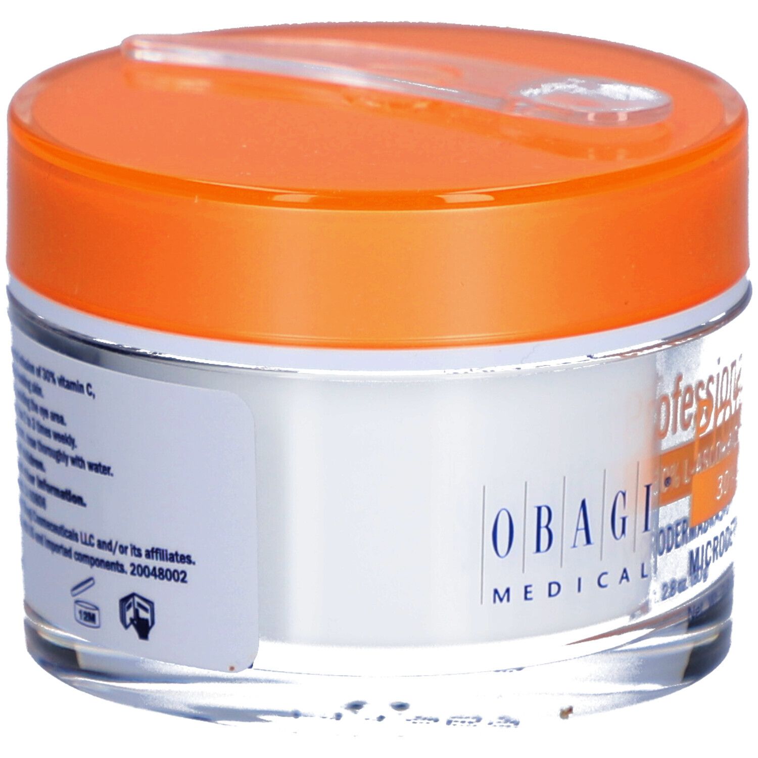 Pot en verre avec couvercle orange et spatule. Inscription : Professional-C, 30% L-Ascorbic Acid, Microdermabrasion Polish + Mask. Obagi Medical.