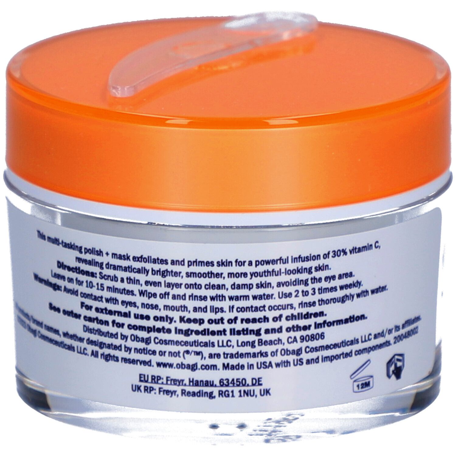 Pot en verre avec couvercle orange et spatule. Dos avec texte. Inscription : Professional-C, Microdermabrasion Polish + Mask. Obagi Medical.