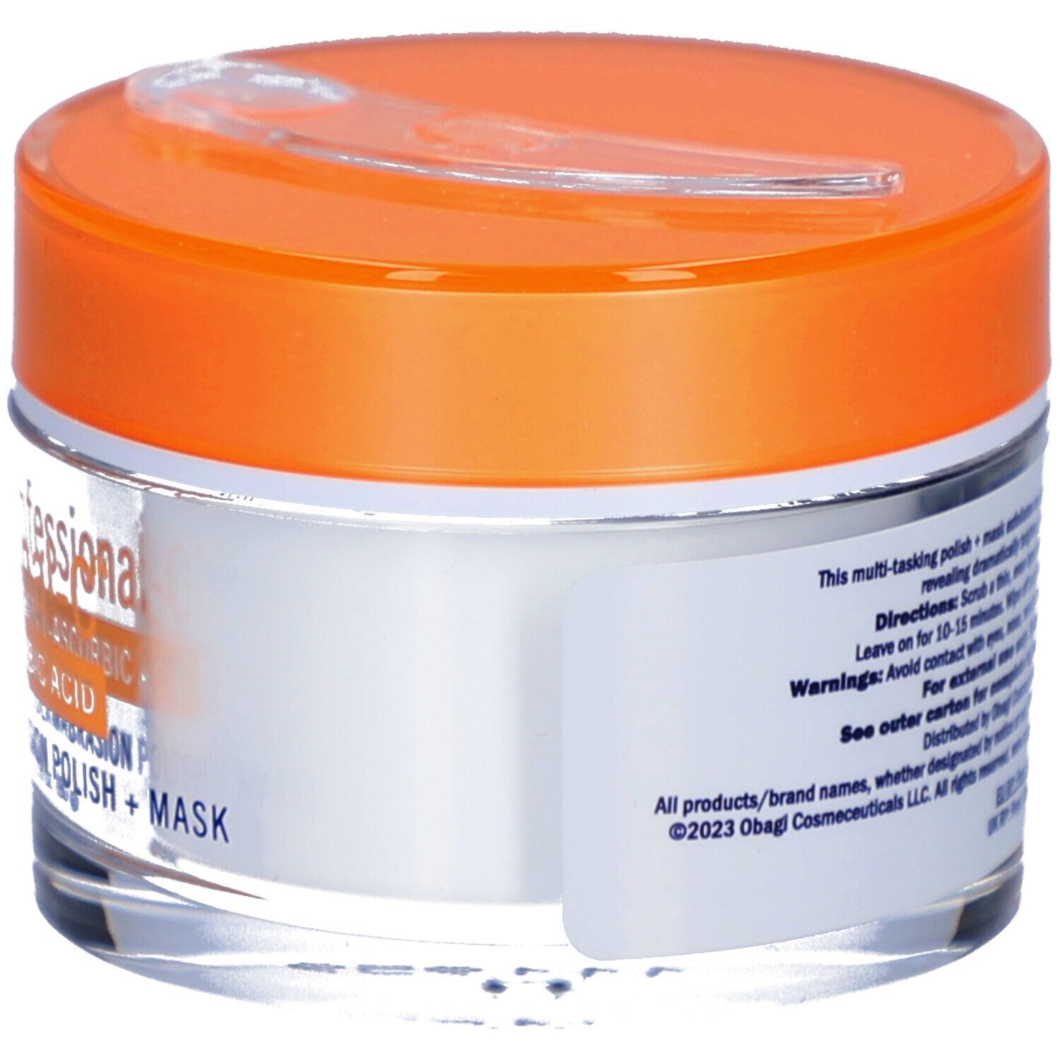 Pot en verre avec couvercle orange et spatule. Inscription : Professional-C, 30% L-Ascorbic Acid, Microdermabrasion Polish + Mask. Obagi Medical.