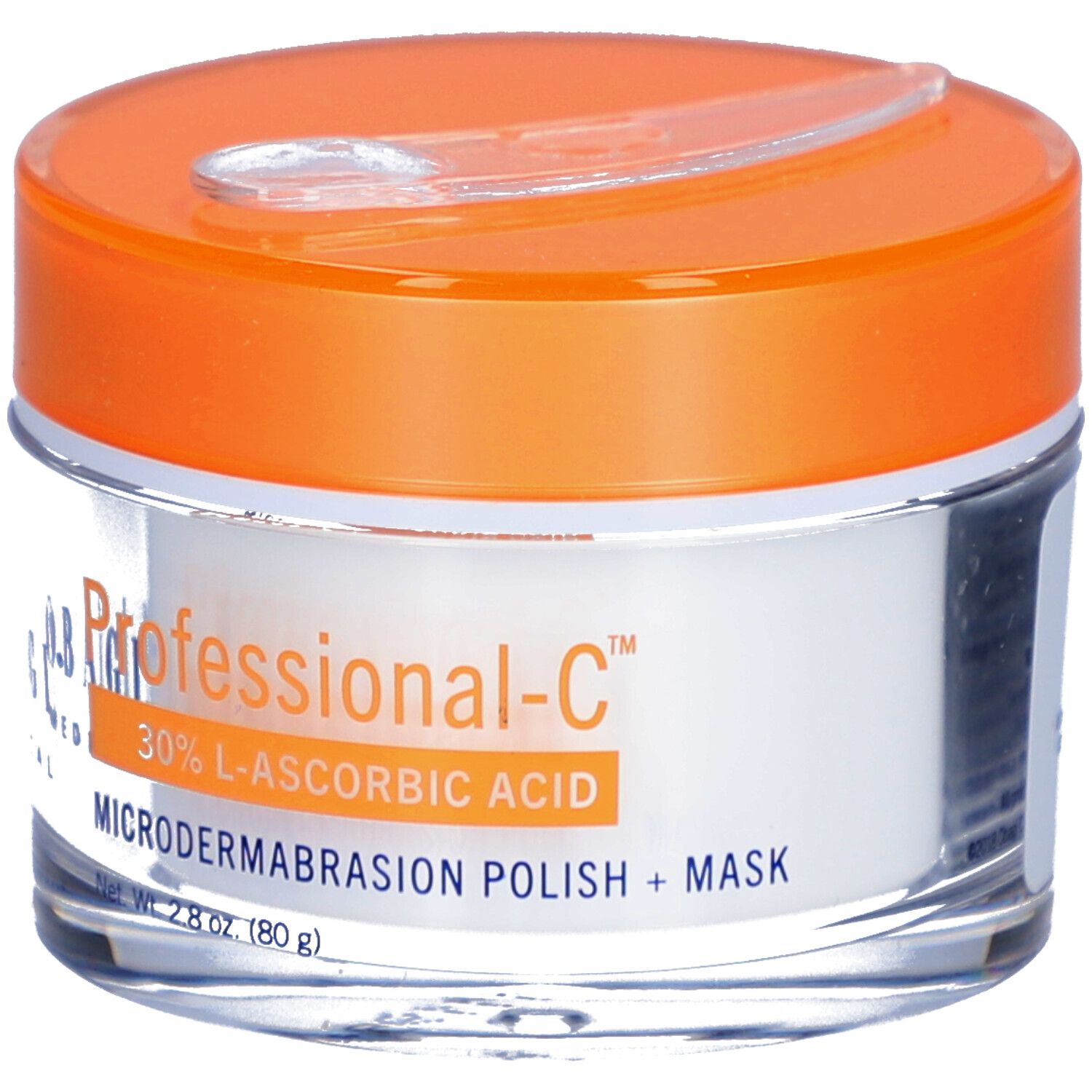 Pot en verre avec couvercle orange et spatule. Inscription : Professional-C, 30% L-Ascorbic Acid, Microdermabrasion Polish + Mask. Obagi Medical.