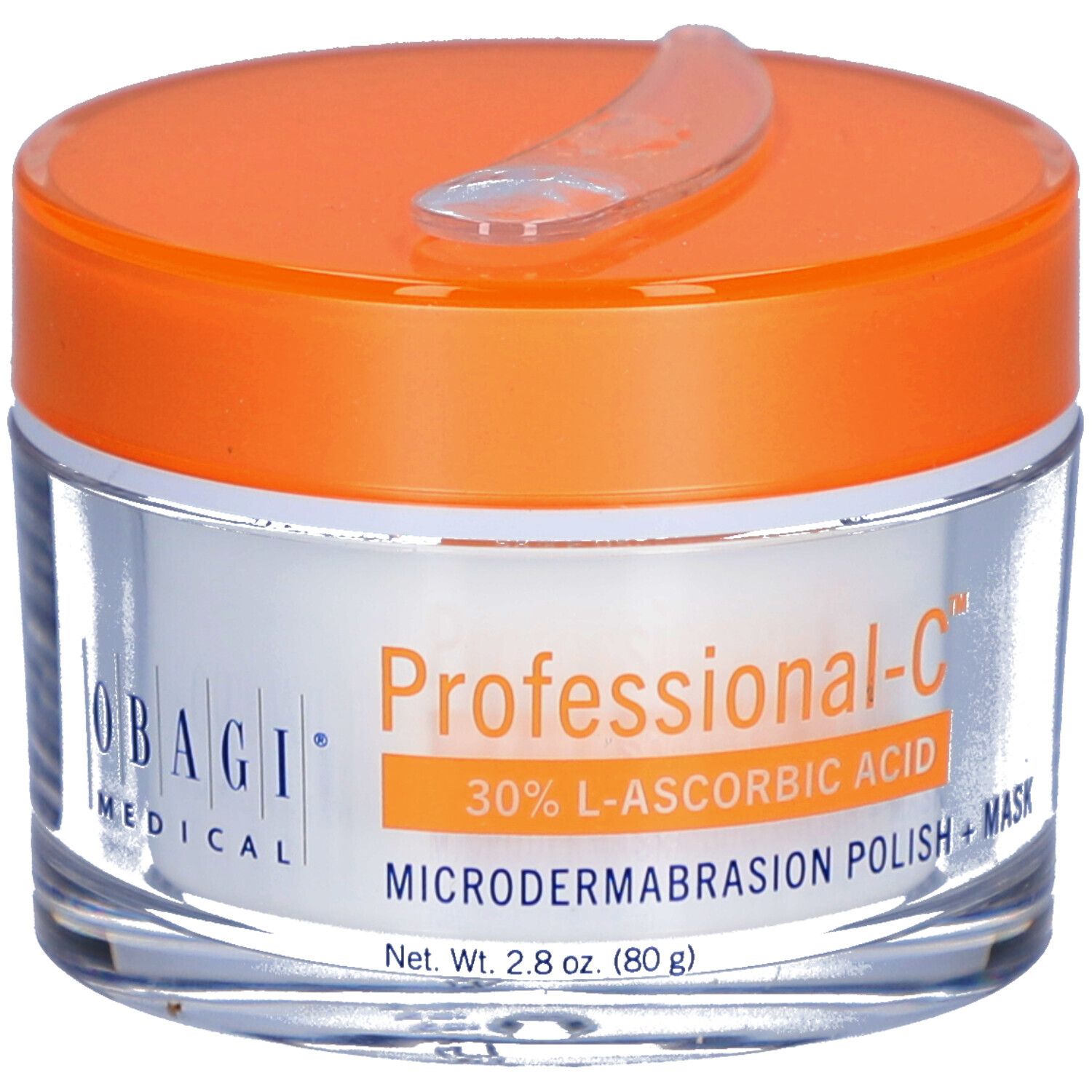 Pot en verre avec couvercle orange et spatule. Inscription : Professional-C, 30% L-Ascorbic Acid, Microdermabrasion Polish + Mask. Obagi Medical.