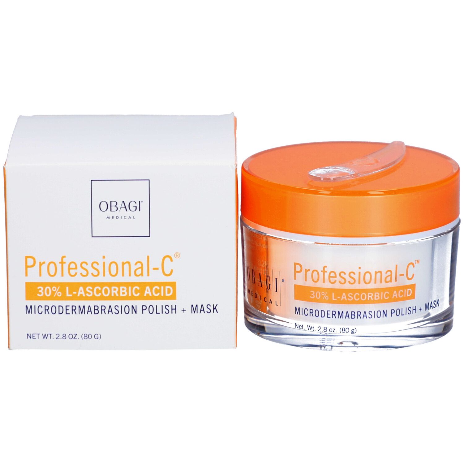 Emballage du produit et pot en verre avec couvercle orange et spatule. Inscription : Professional-C, 30% L-Ascorbic Acid, Microdermabrasion Polish + Mask. Obagi Medical.