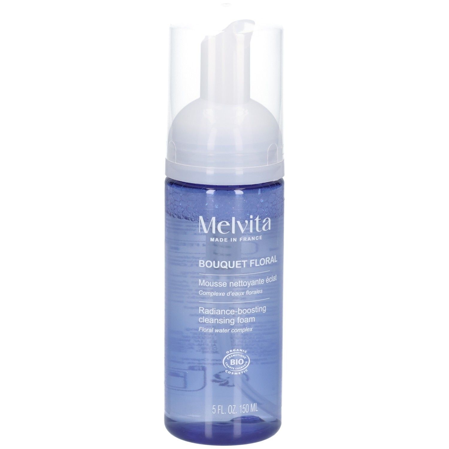 Mousse nettoyante Melvita avec pompe et capuchon transparent. Flacon bleu avec étiquette blanche.