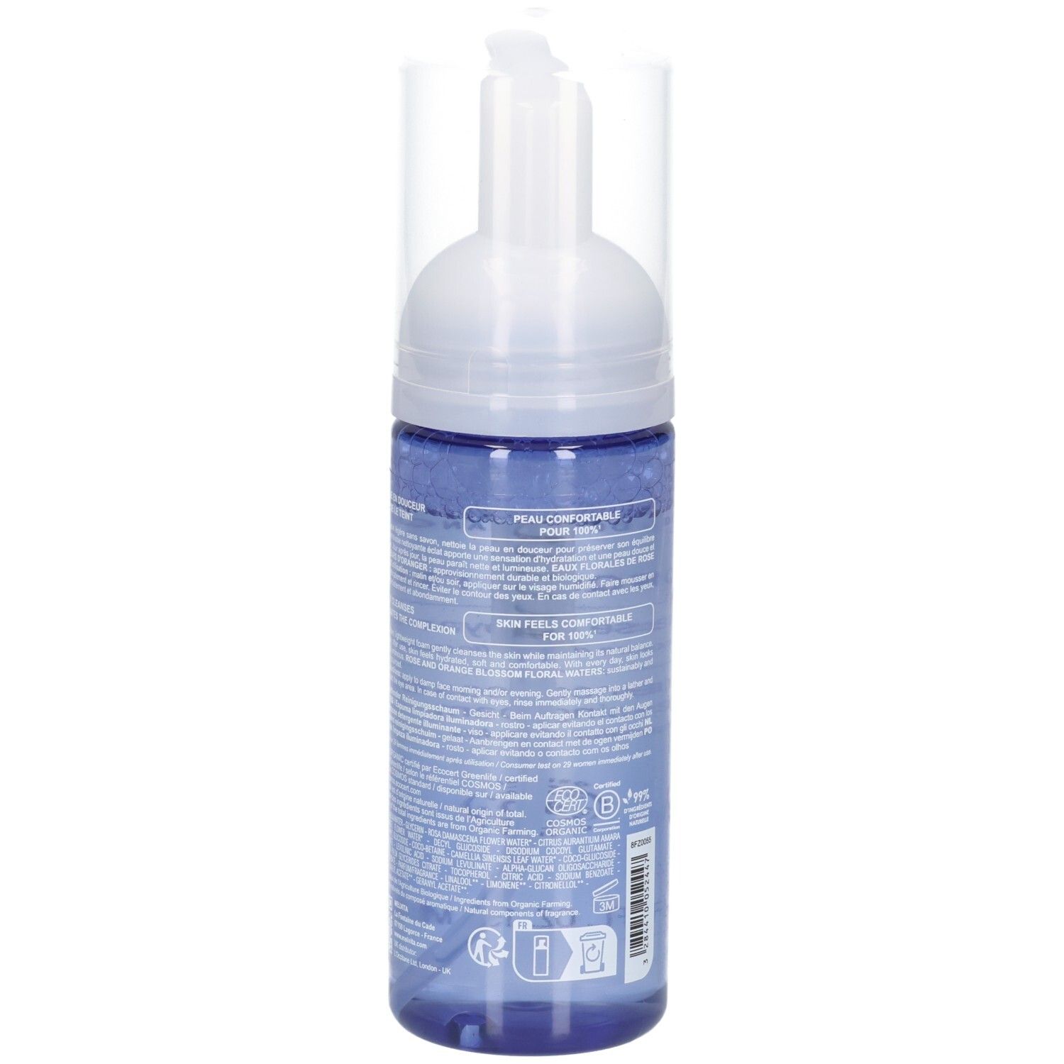 Mousse nettoyante Melvita, verso avec label Bio et instructions.