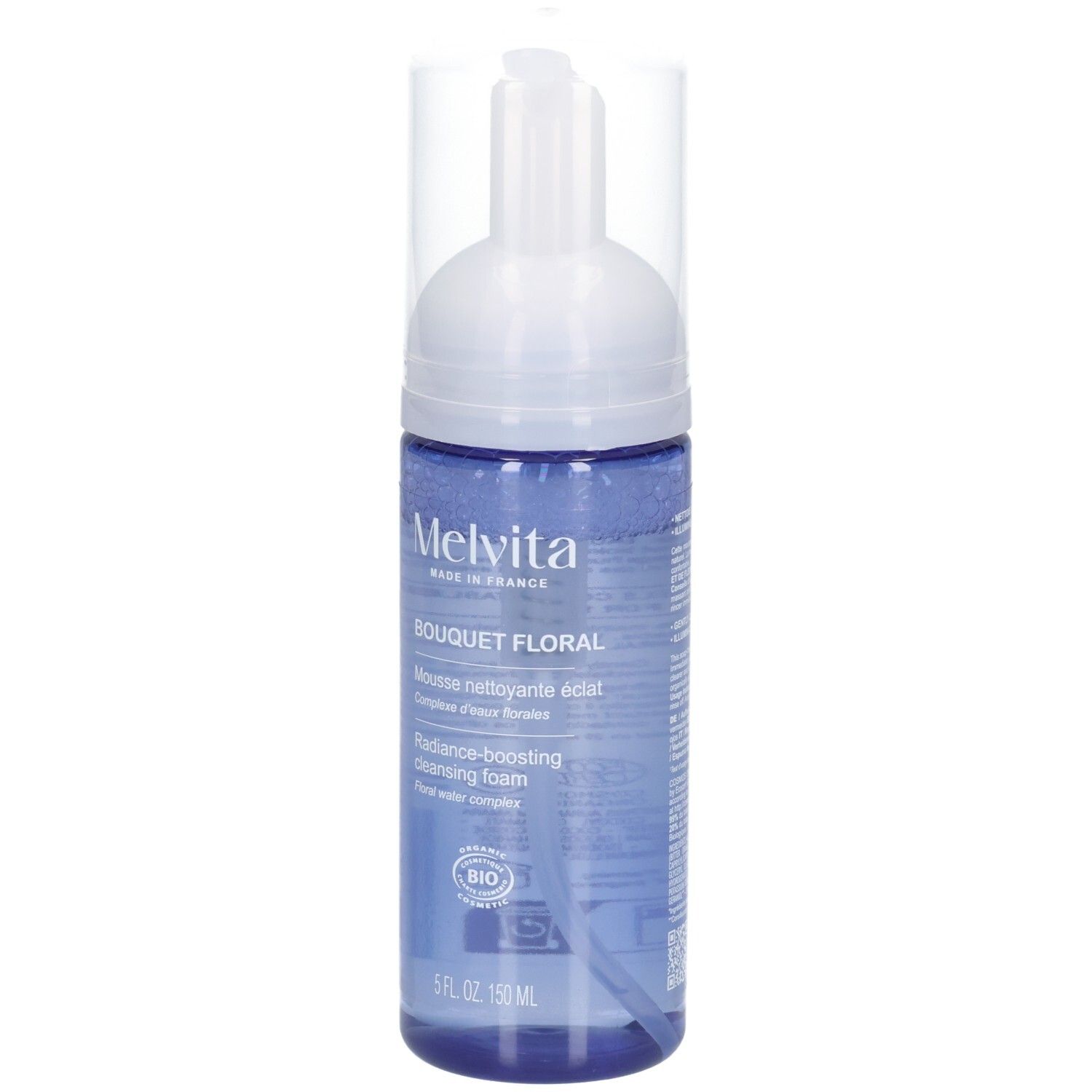 Mousse nettoyante Melvita, flacon avec pompe. Gros plan sur l'étiquette avec le nom du produit.
