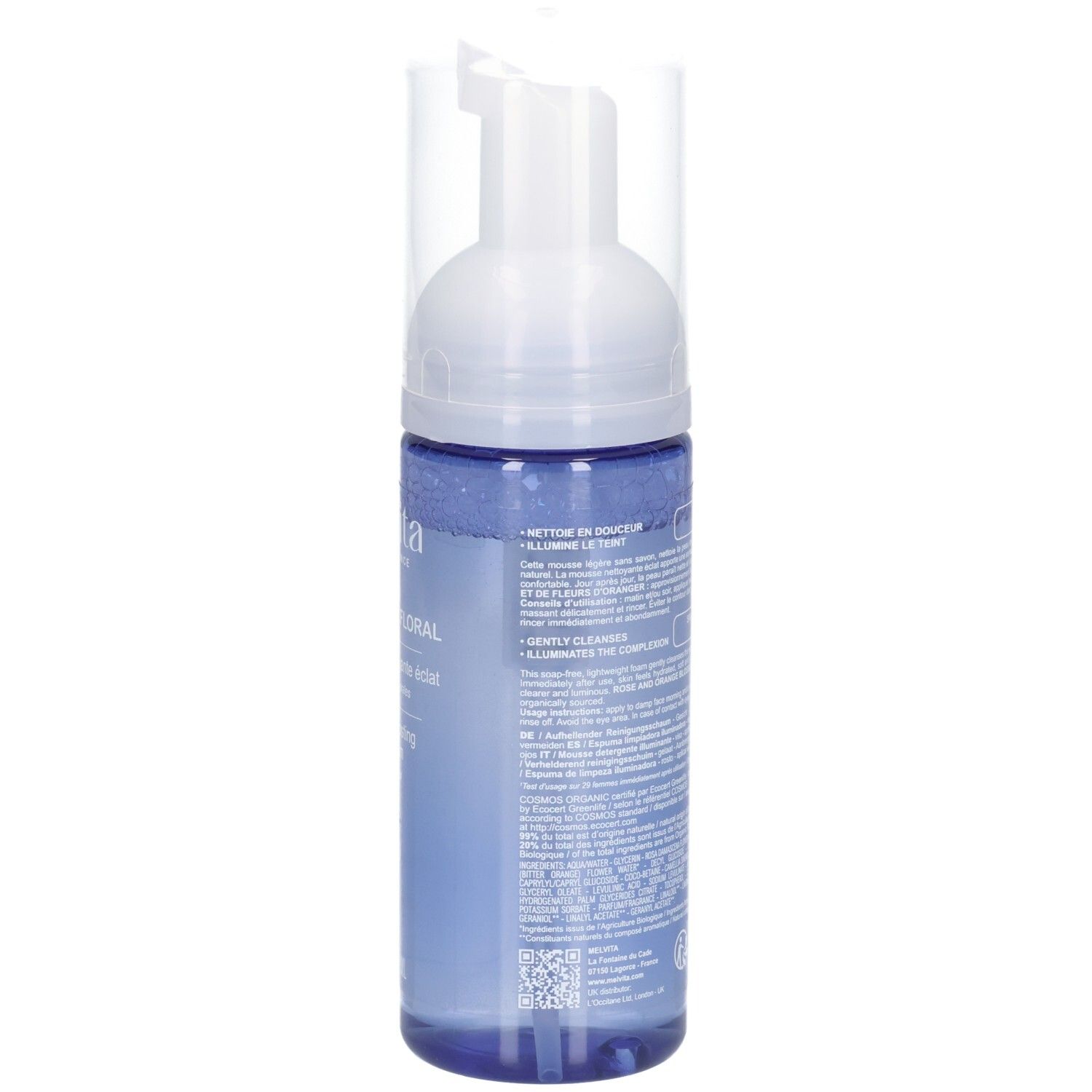 Mousse nettoyante Melvita, vue latérale du flacon avec pompe et capuchon transparent.