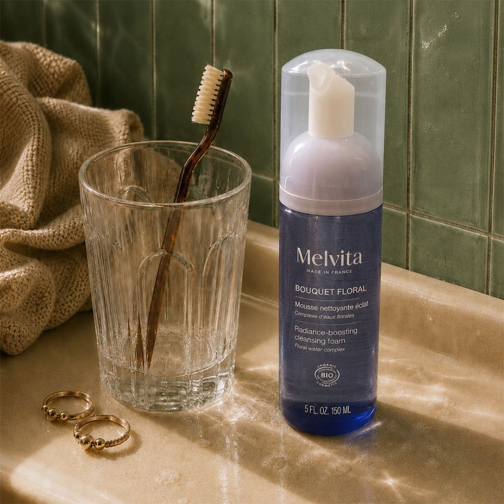 Mousse nettoyante Melvita à côté d'un verre avec une brosse à dents et des bagues.