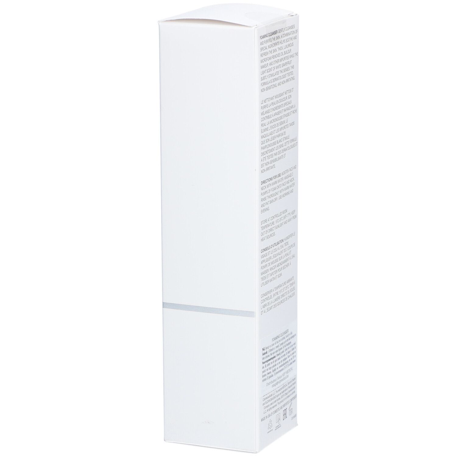 Emballage blanc avec texte. Texte uniquement sur l'emballage. Marque non visible.