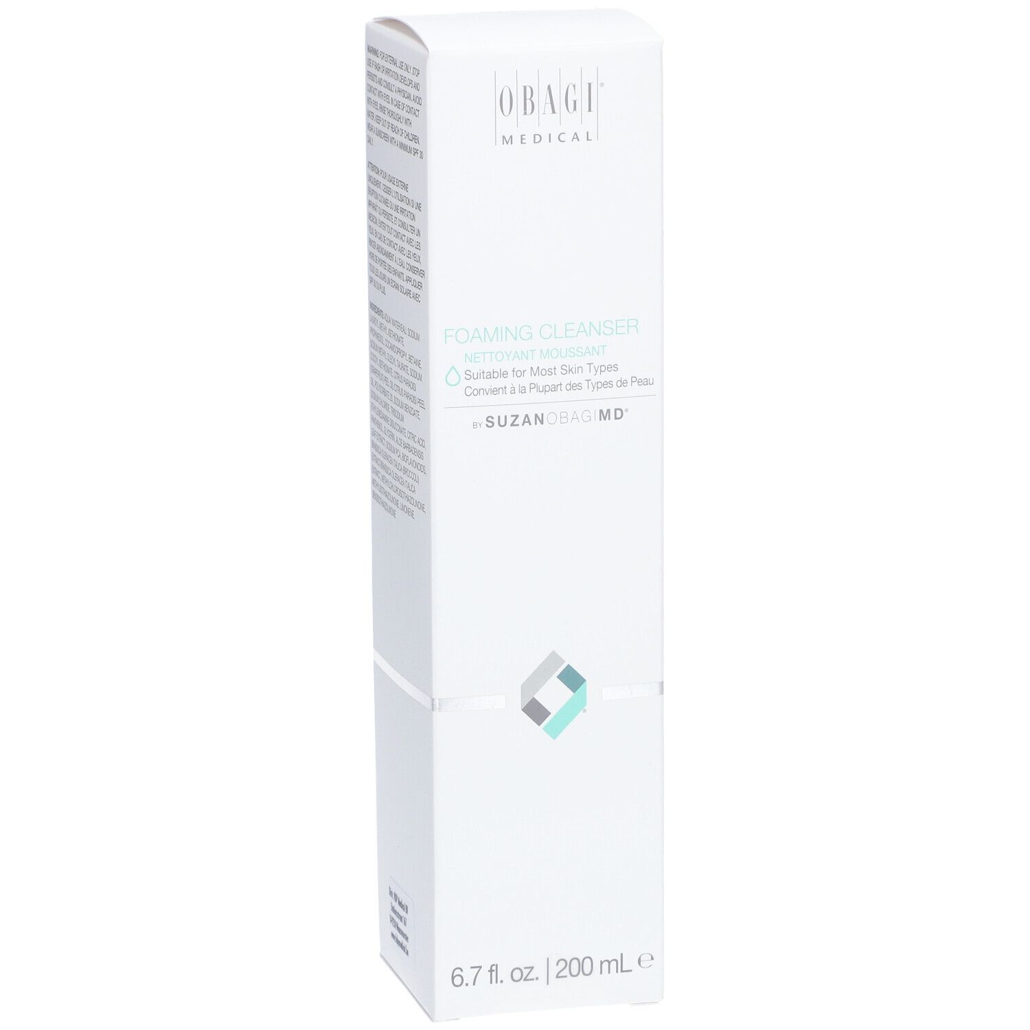 Emballage blanc. OBAGI MEDICAL, FOAMING CLEANSER et SUZANOBAGIMD™ sont visibles. 6.7 fl. oz. / 200 mL.