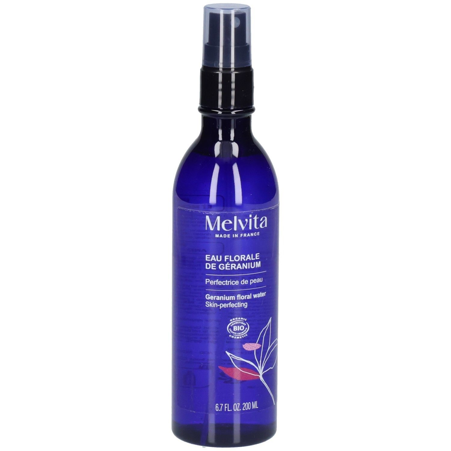Flacon bleu avec vaporisateur. Inscriptions: Melvita, Eau Florale de Géranium, 6.7 FL. OZ. 200 ml. Certification bio.