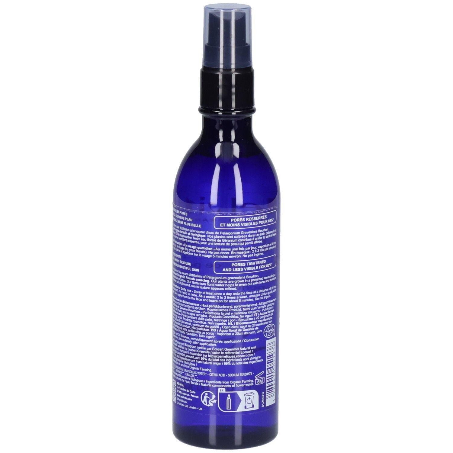 Flacon bleu avec vaporisateur. Texte sur le côté. Certification bio. Étiquette avec ingrédients et instructions.