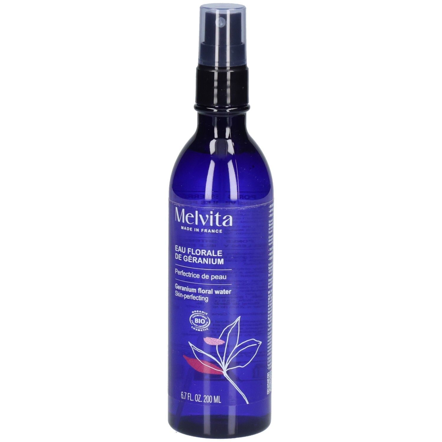 Flacon bleu avec vaporisateur. Inscriptions: Melvita, Eau Florale de Géranium, 6.7 FL. OZ. 200 ml. Certification bio.