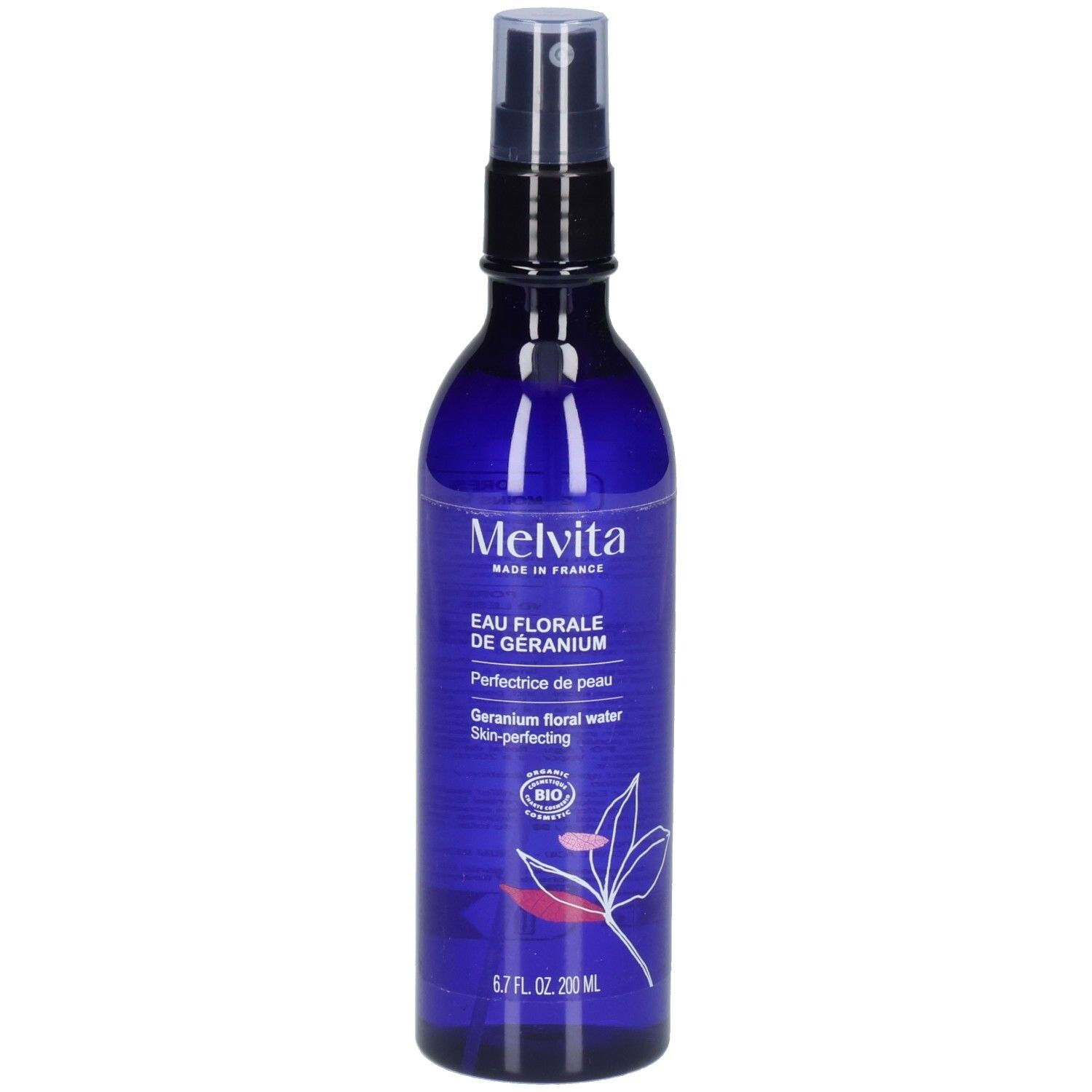 Flacon bleu avec vaporisateur. Inscriptions: Melvita, Eau Florale de Géranium, 6.7 FL. OZ. 200 ml. Certification bio.