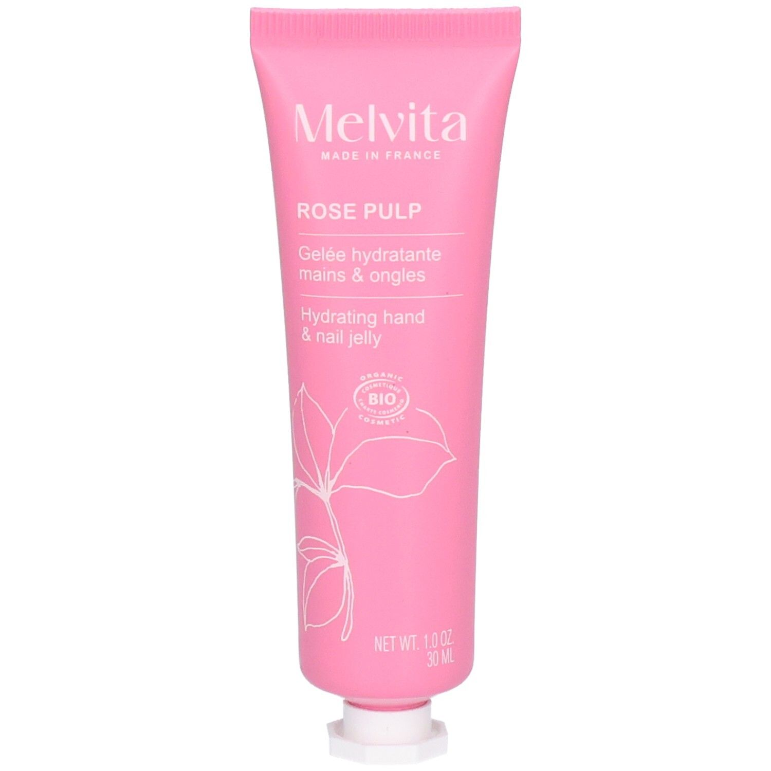 Tube rose. Inscriptions: Melvita, Rose Pulp, Gelée hydratante mains & ongles, Hydrating hand & nail jelly. Label bio.
