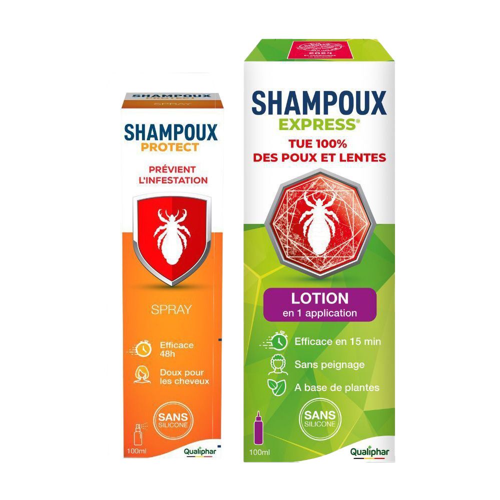 Deux produits Shampoux Express : Lotion et Protect Spray. Logo rouge. Spray orange, Lotion blanche avec détails violets. Inscriptions.