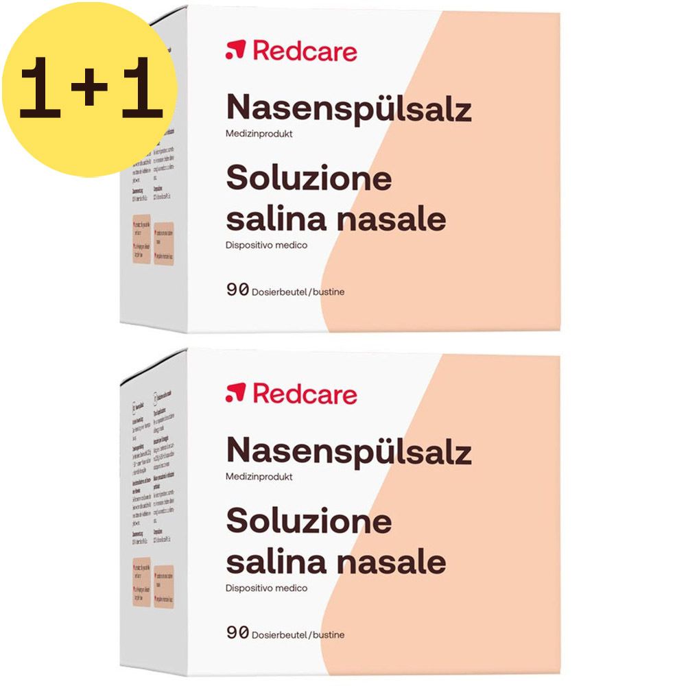 Deux boîtes avec texte rouge et blanc. Inscription: Nasenspülsalz, Soluzione salina nasale, 90 sachets-dose. Avec autocollant: 1+1 GRATUIT.