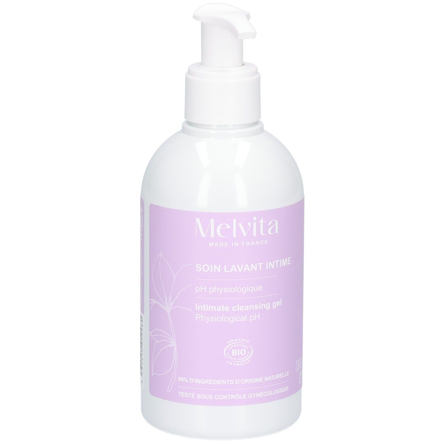 Gel lavant intime Melvita avec pompe. Flacon blanc avec étiquette violette.