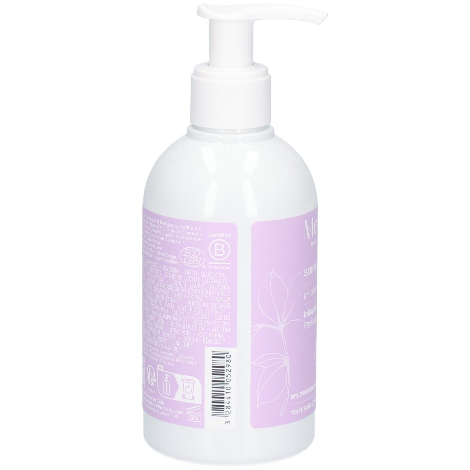 Arrière du gel lavant intime Melvita. Informations et label Bio visibles.