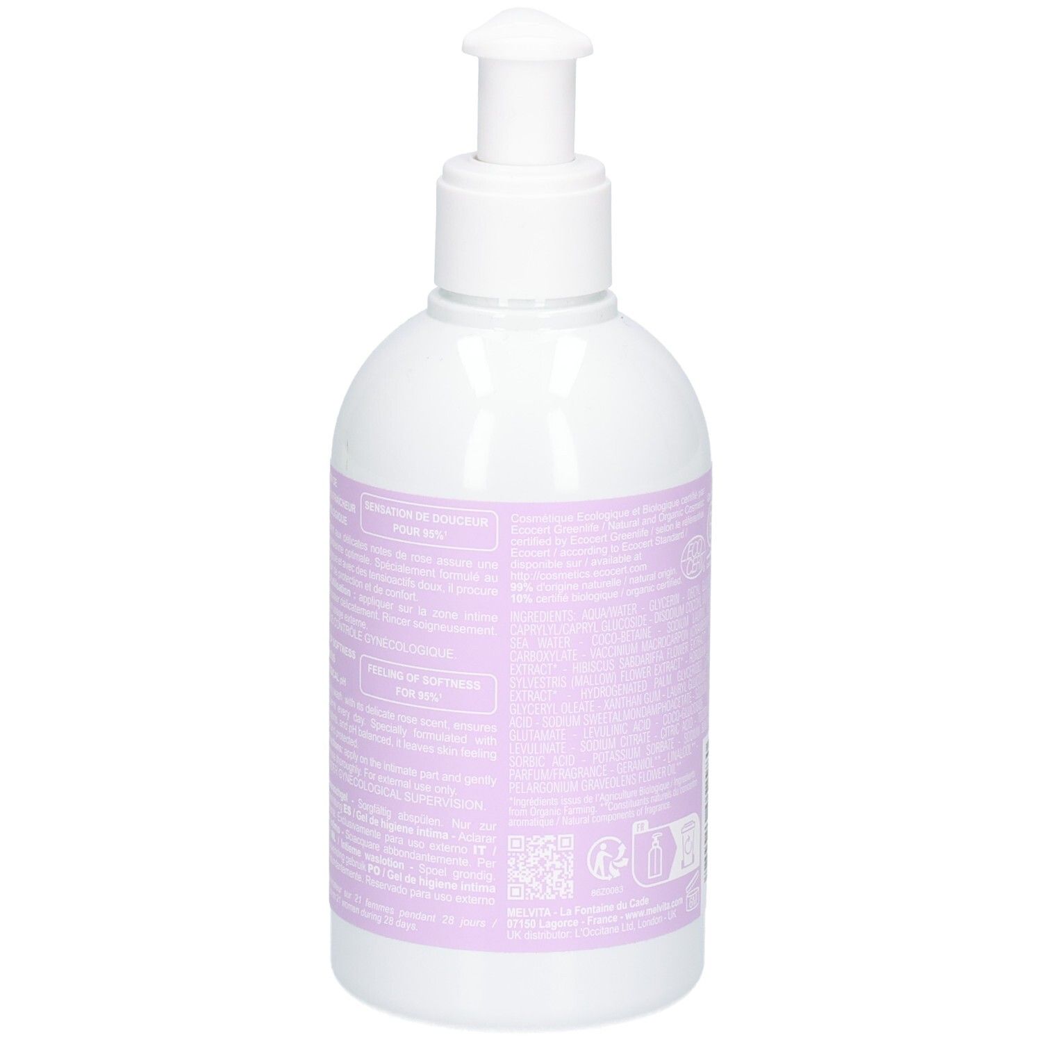 Arrière du gel lavant intime Melvita. Étiquette avec informations produit.