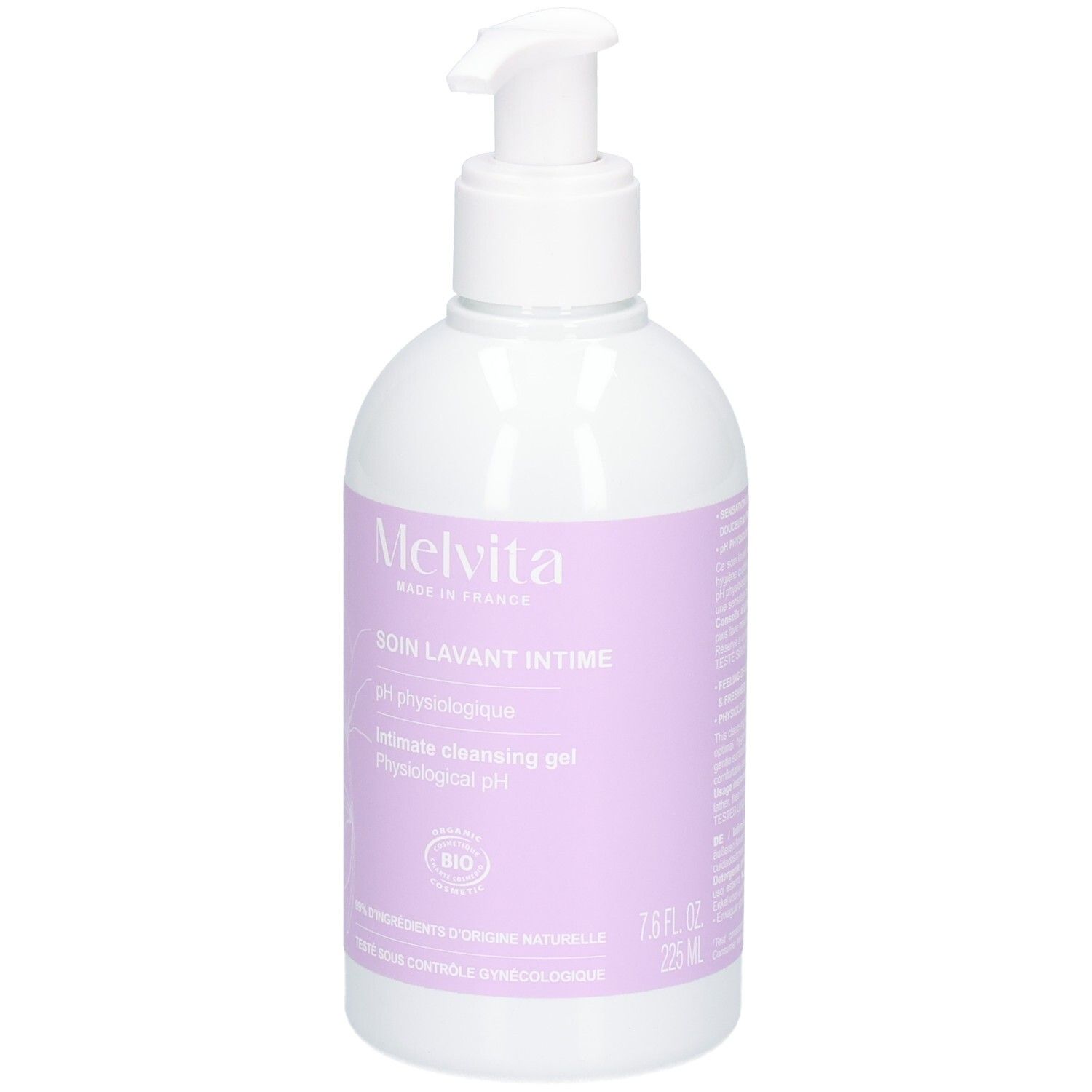 Gel lavant intime Melvita avec pompe. Flacon étiquette violette, mention "pH physiologique".
