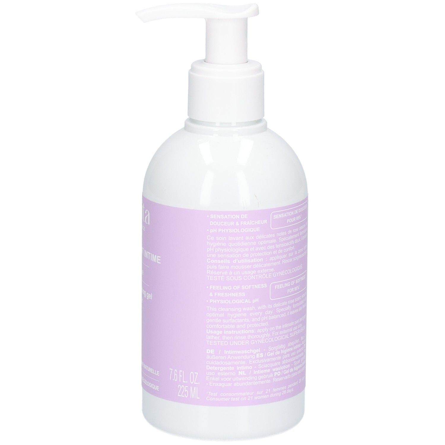 Arrière du gel lavant intime Melvita. Étiquette avec label Bio et infos produit.