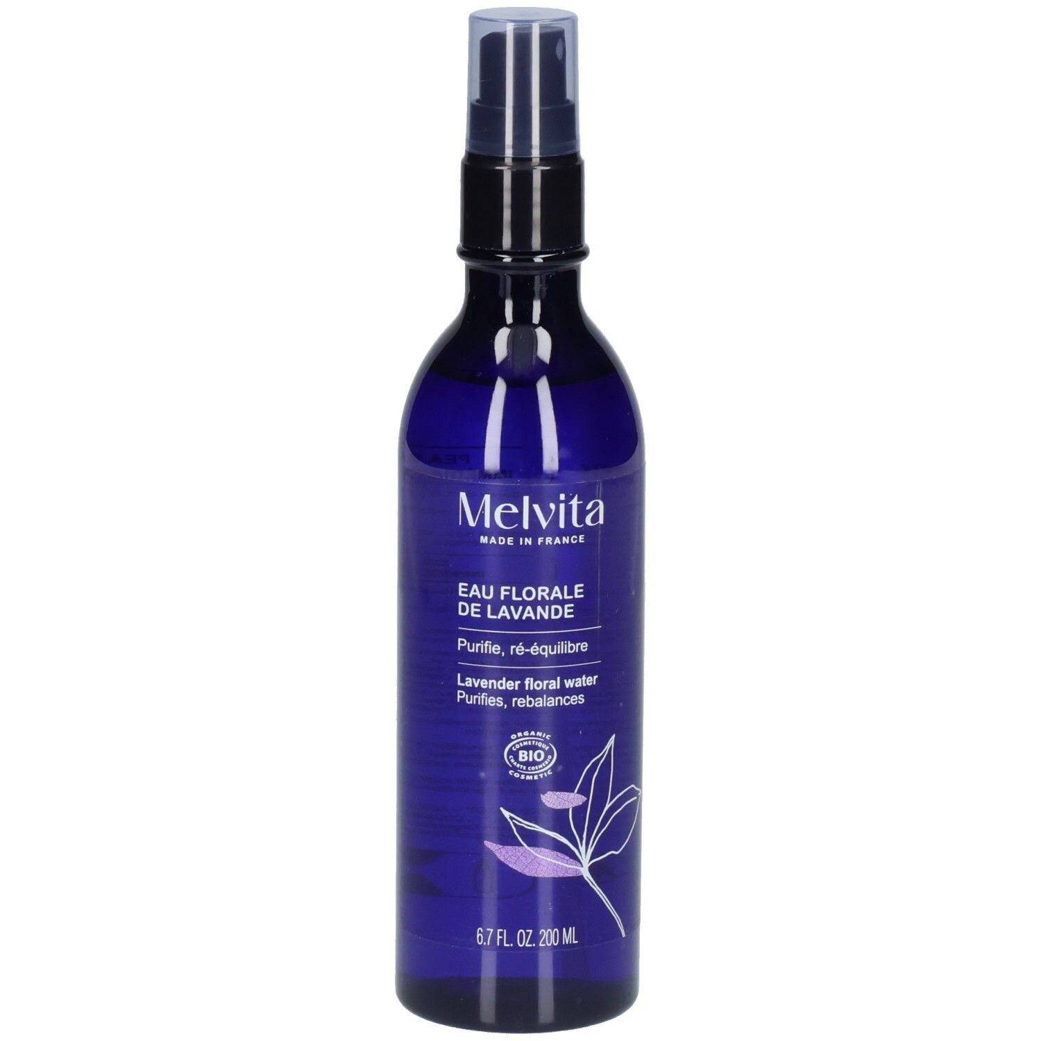 Eau florale de lavande Melvita dans un flacon pulvérisateur bleu avec étiquette.