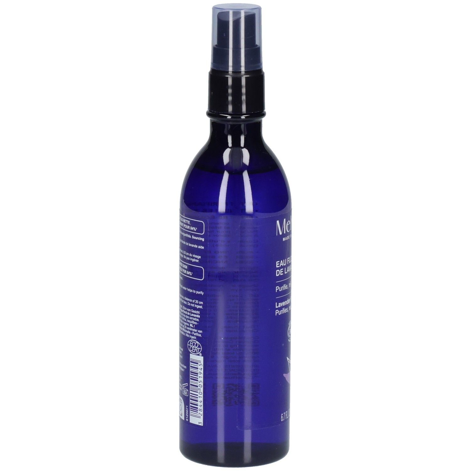 Arrière d'un flacon pulvérisateur bleu d'eau florale de lavande Melvita avec informations produit.