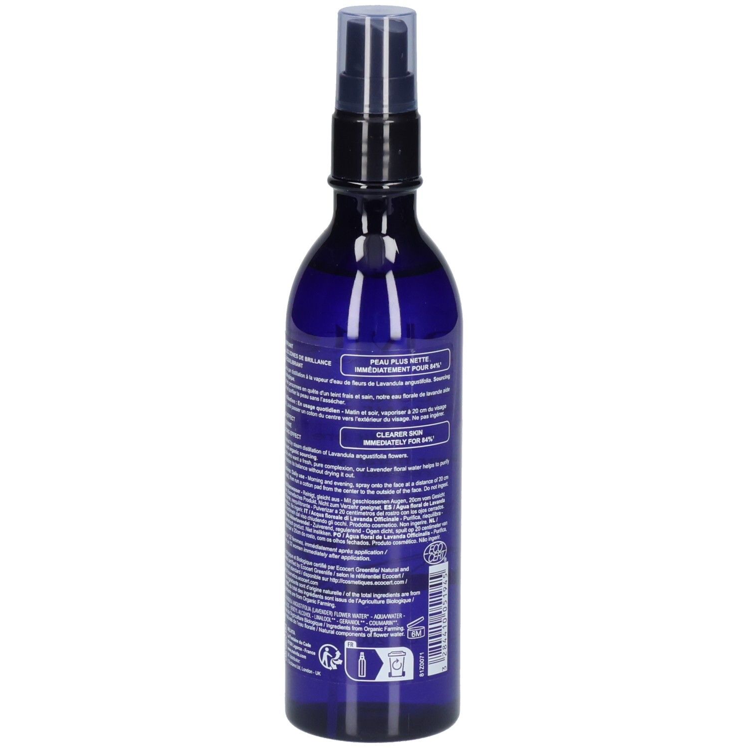 Côté d'un flacon pulvérisateur bleu d'eau florale de lavande Melvita avec instructions d'utilisation.