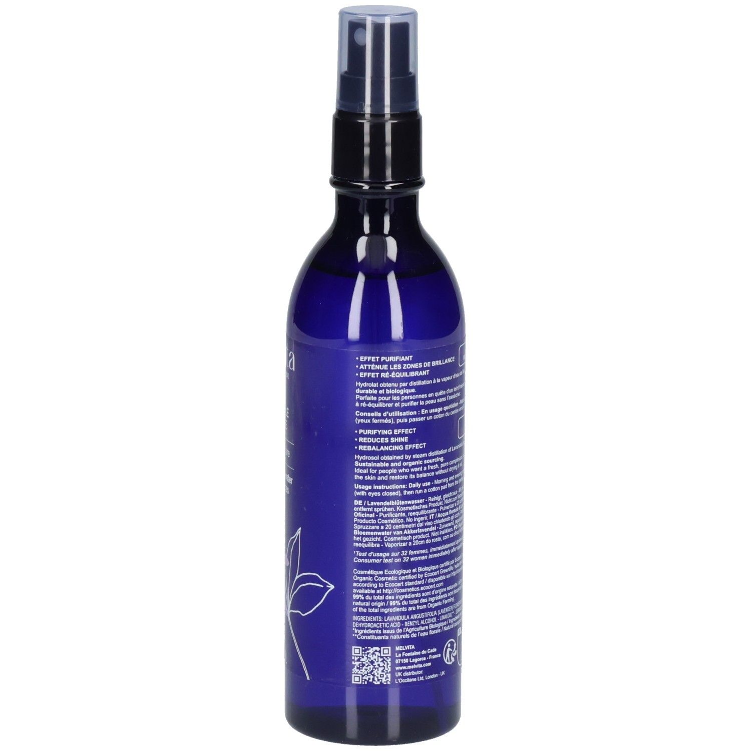 Arrière d'un flacon pulvérisateur bleu d'eau florale de lavande Melvita, informations détaillées.