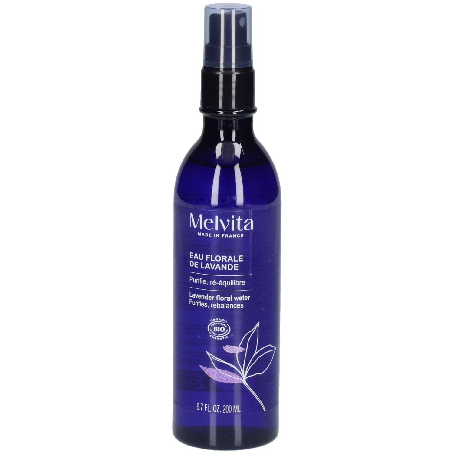 Flacon pulvérisateur bleu d'eau florale de lavande Melvita, étiquette avec sceau bio.