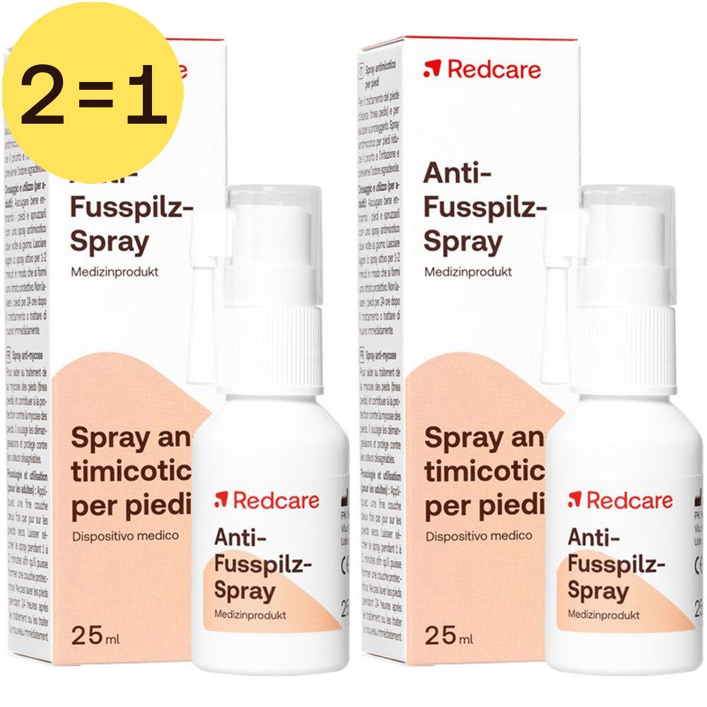 Deux boîtes et deux flacons de spray antifongique Redcare. Inscription : 2=1. Dispositif médical.