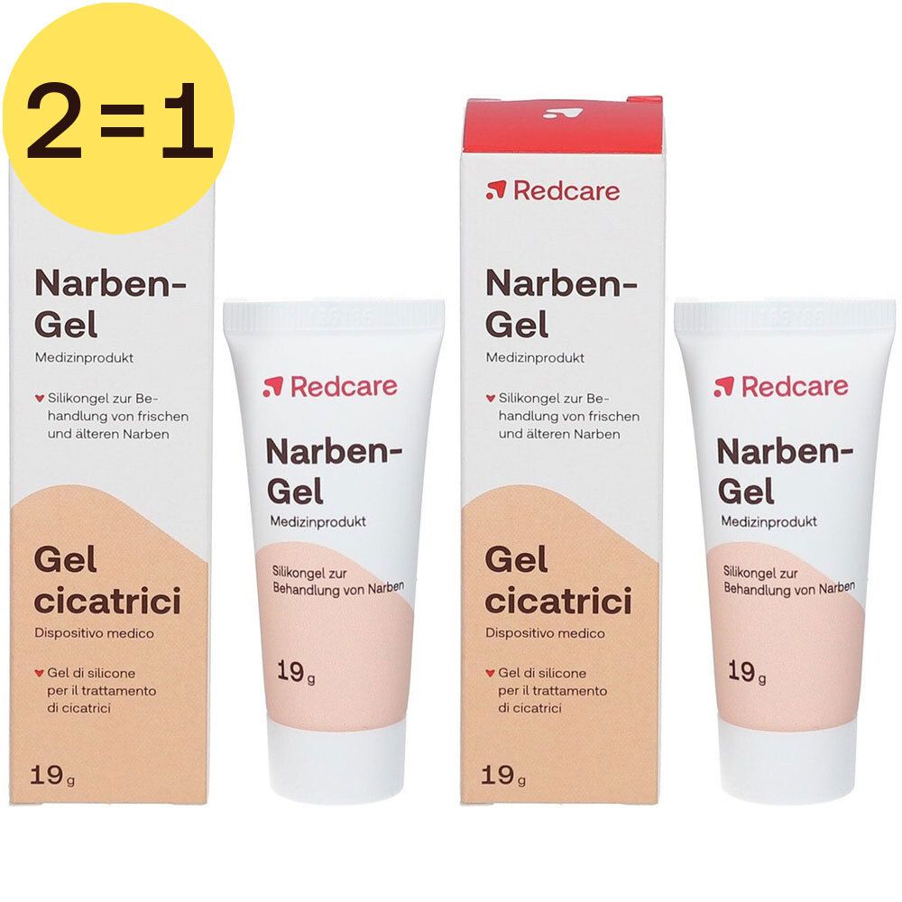 Deux boîtes et deux tubes de gel cicatrisant. Inscription: Redcare Narben-Gel, Gel cicatrici, 19g. Offre: 2=1.