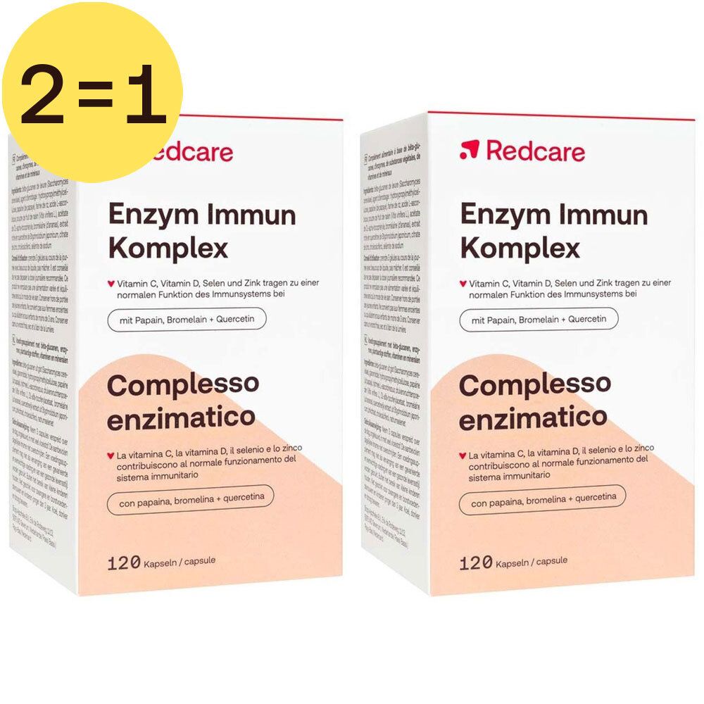 Deux boîtes de Redcare Enzym Immun Complexe. Inscription : "2=1 GRATUIT". Contient 120 gélules. Avec papaïne, bromélaïne + quercétine.
