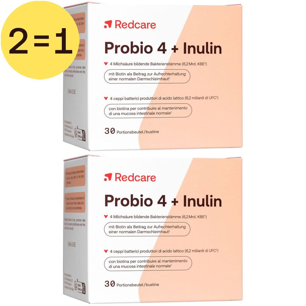 Deux boîtes de Redcare Probio 4 + Inuline. Cercle jaune : 1+1 gratuit.