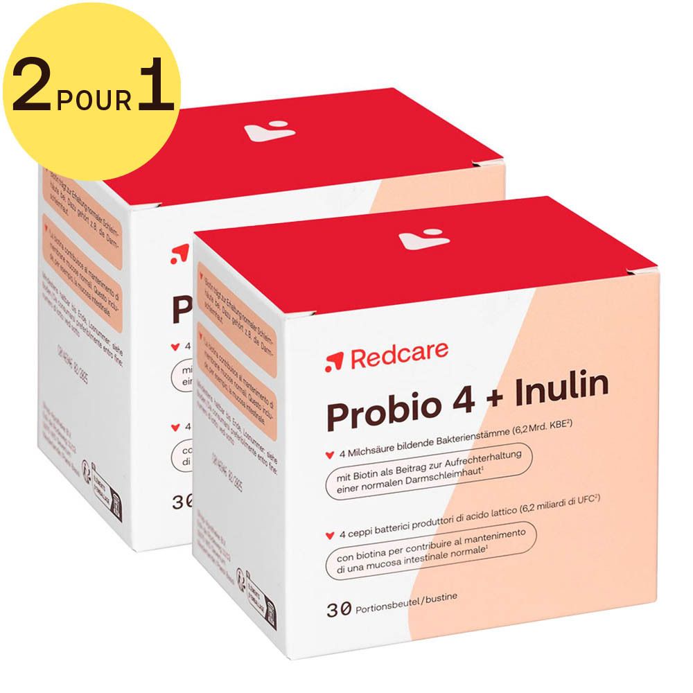 Deux boîtes de Redcare Probio 4 + Inuline. Cercle jaune : 2 POUR 1.
