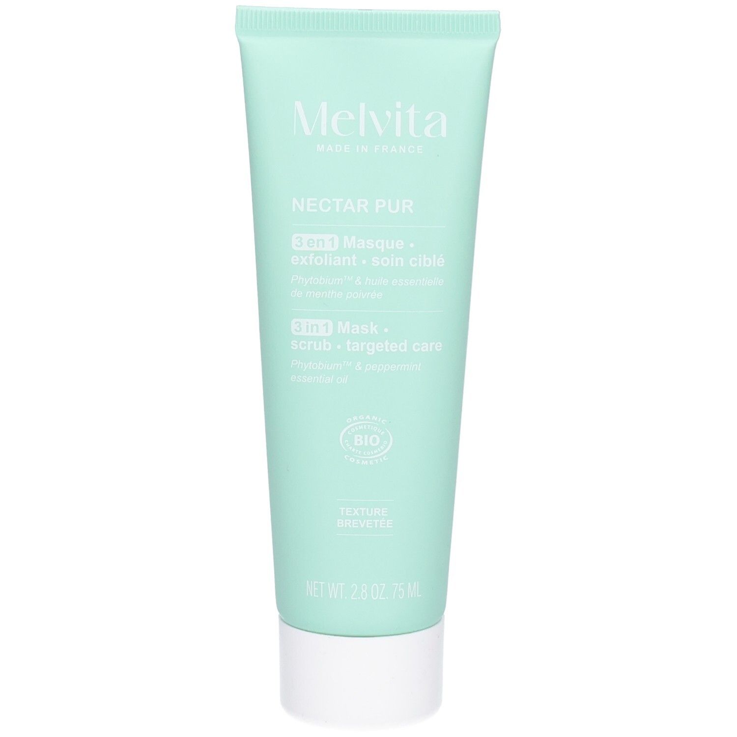 Tube vert clair avec bouchon blanc. Inscription : Melvita, Nectar Pur, masque 3-en-1, exfoliant, soin. Certification bio.