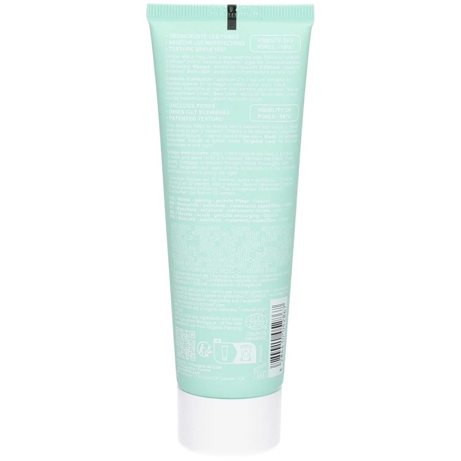 Dos du tube vert clair avec bouchon blanc. Texte et certification bio.