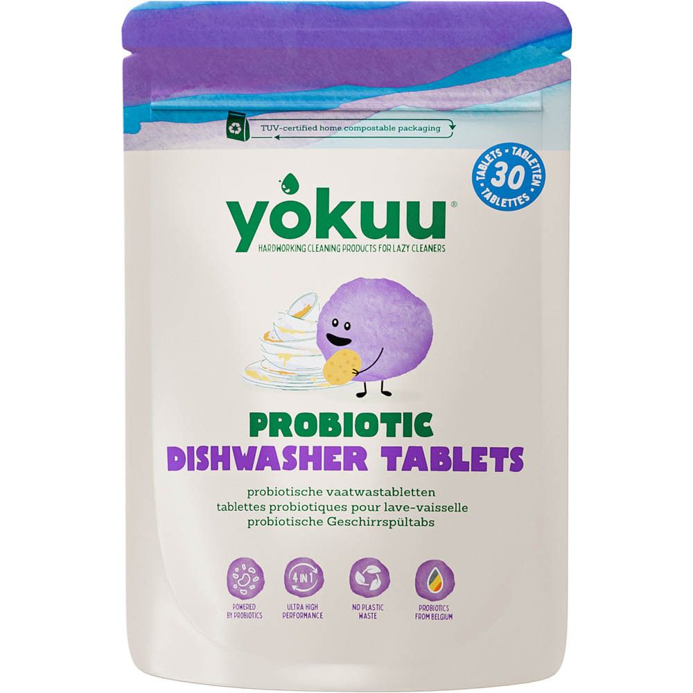 Tablettes pour lave-vaisselle YOKUU®, 30 comprimés. Emballage avec logo violet et illustration. Fonction 4-en-1.