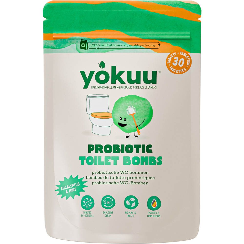 Sachet de tablettes WC. Nom et logo du produit : YOKUU. Eucalyptus & Menthe. 3-en-1, 30 comprimés. Papier 100% recyclable.