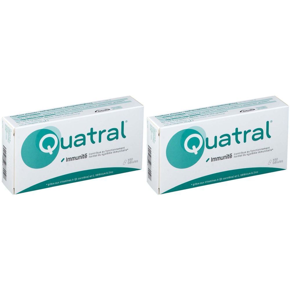 Deux boîtes blanches "Quatral Immunité". Logo turquoise avec "Q". Texte en français. Boîtes côte à côte.