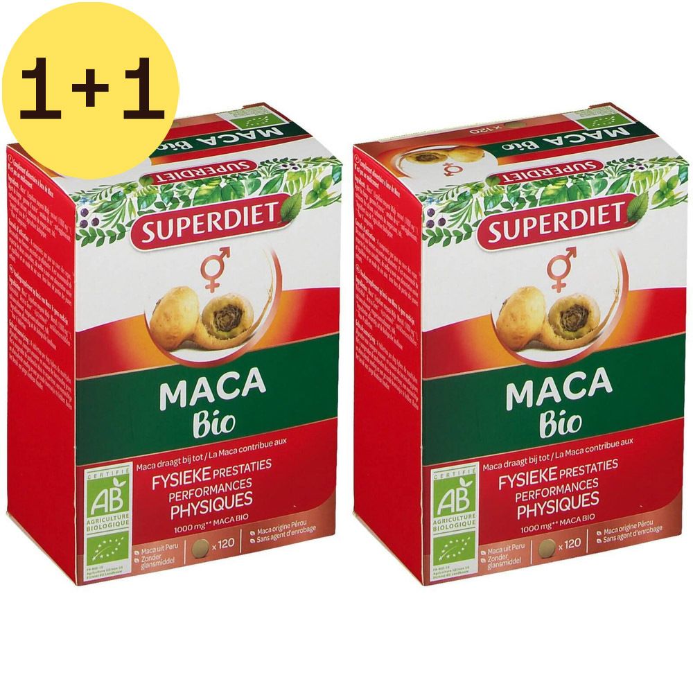 Deux boîtes avec texte rouge et blanc. En haut à gauche : 1+1 GRATUIT. Inscription : Superdiet Maca Bio.