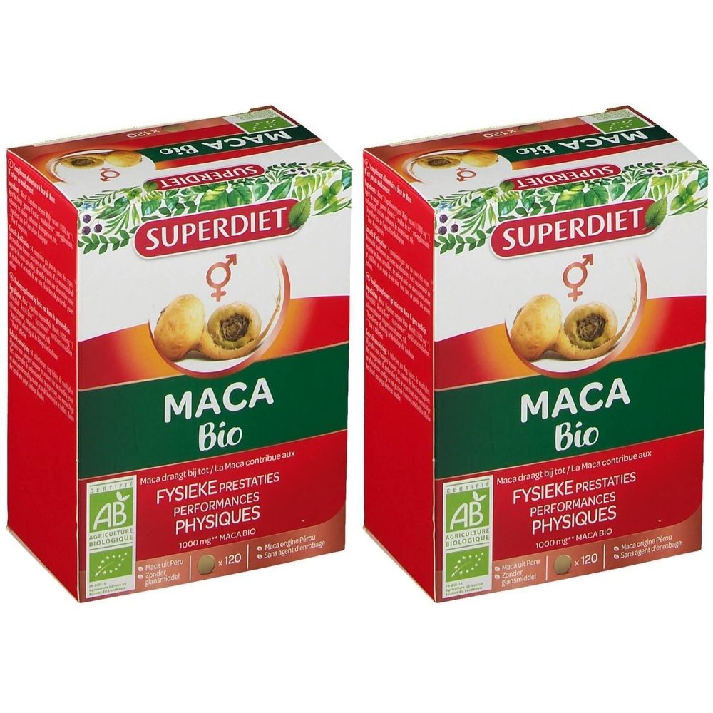 Deux boîtes de « MACA Bio » Superdiet. Emballage rouge et blanc avec illustration du produit et label AB Bio.